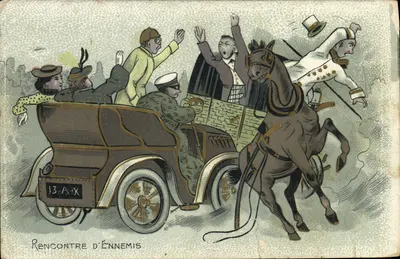 Bilhete postal antigo Fantasia Automóvel Cavalo Encontro de Inimigos