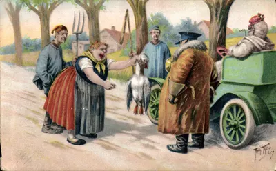 Mulher oferecendo uma ganso a um homem perto de um carro — Théophile Thiriez — Série 1160