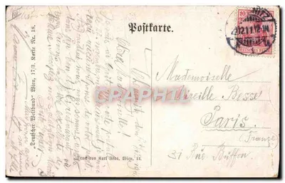 Scène de bistrot — trois personnages dans un décor rustique — éditeur Karl Dedo, Wien, n°17/3 — Verso
