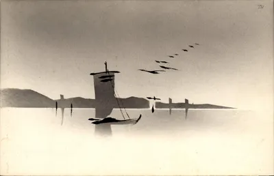 Silhueta de navio e aves — paisagem marítima — editor desconhecido, número de série não visível