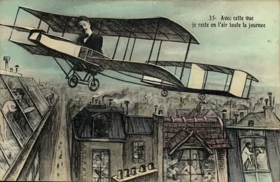 Aviador em biplano — visão aérea sobre os telhados — série 35
