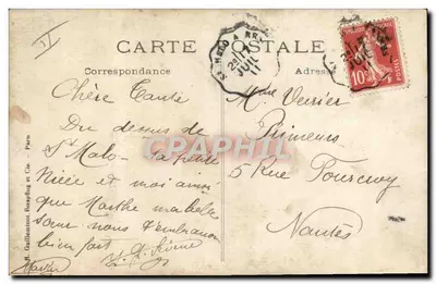 Duas mulheres e um piloto em um avião biplano — vista aérea de Saint-Malo — editor R. Guilleminot, Besançon — Verso