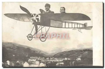 Dois homens em um avião biplano — vista aérea de uma vila nas montanhas — editor Richardet, Montpellier-Lamalou, n° 519