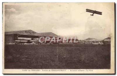 Bilhete postal antigo Aviação Camp de Chalons Campo de Chalons Bouy Aviação militar A pista