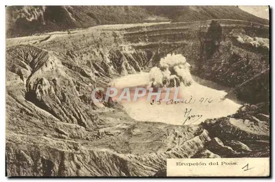 Eruption du Poás — Vue du cratère avec fumée — Éditeur Antonio Lehmann, Costa Rica, n° 1