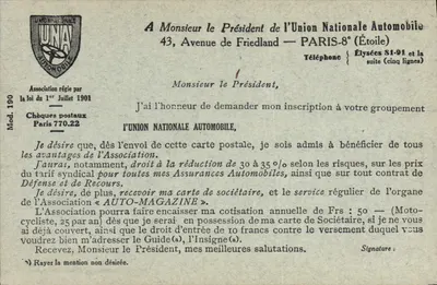 Union Nationale Automobile — solicitação de adesão — editor UNA, Mod. 190