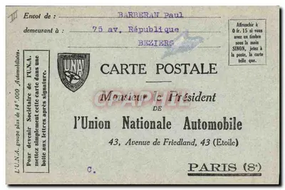 Union Nationale Automobile — solicitação de adesão — editor UNA, Mod. 190 — Verso
