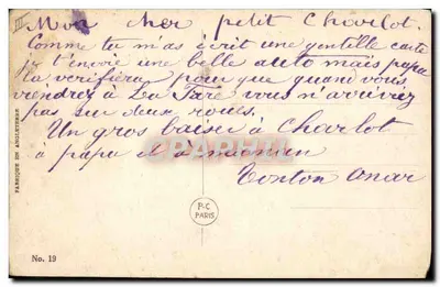 Voiture en panne — scène comique avec deux hommes — éditeur P.C. PARIS, n° 19 — Verso