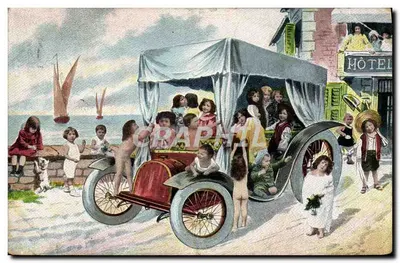 Bilhete postal antigo Automóvel Crianças Bebês