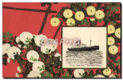 N.Y.K. Line S.S. "Hakone Maru" — illustration sur fond floral japonisant — éditeur N.Y.K. Line