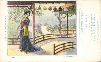 Japonia — kobieta w kimono na balkonie — wydanie oficjalne, seria B, fototypia Lyon