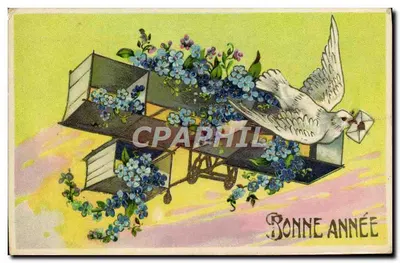 Pomba carregando uma carta — sobre um carrinho floral — Boa Ano