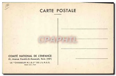 Dois MiG-3 soviéticos em voo — desenho de Louis Petit — editor Comité National de l'Enfance, Paris — Verso