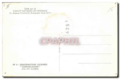 Avion Lockheed Constellation — (Cie Air Algérie) — Édité par le Comité National de l'Enfance — Verso