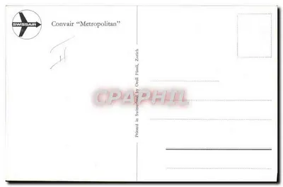 Avião Convair « Metropolitan » — Swissair — impresso por Orell Füssli, Zurique — Verso