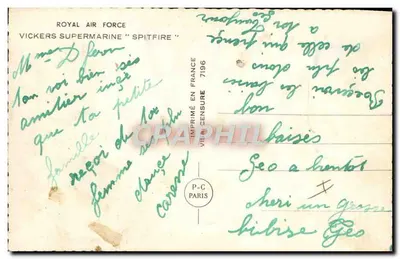 Cartolina moderna Aereo Aeronautica Royal Air Force Vickers Supermarine Spitfire — Verso