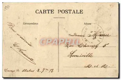 Camp w Châlons — Wojskowy balon kapitana Marchala poruszający się nad swoim hangarem — Librairie Militaire Guélin, Mourmelon — Rewers