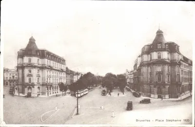 Bruxelas - Place Stéphanie 1920 — vista panorâmica com edifícios e trêm