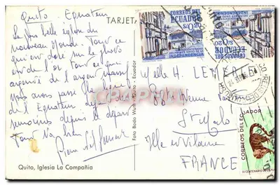 Bilhete postal moderno Quito Igreja La Compania — Verso