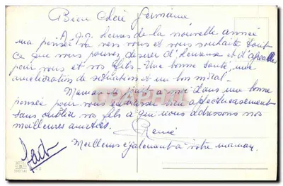 Scena zimowa — para w strojach epokowych z wozem konnym — tekst 'Bonne Année' — wydawca 'ARTS & SPECIAL' (odwrotna strona) — Rewers
