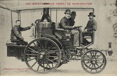 Phaéton à vapeur (1885) — Les Ancêtres aux Usines de Dion-Bouton — Imp. Crélé, 2, r. des Italiens, Paris