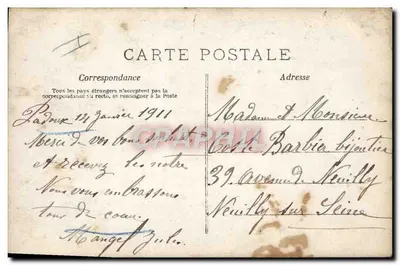Deux enfants dans un landau doré — scène de rue avec timbre 10 centimes — éditeur A. Plauss, n° 492 — Verso