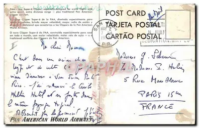 Bilhete postal moderno Avião Aviação Pan American World Airways — Verso