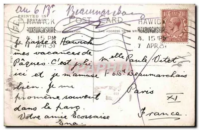 Hornshole, Hawick — pont en pierre sur un cours d'eau entouré de forêt — imprimé par Hawick Postcard Co. — Verso