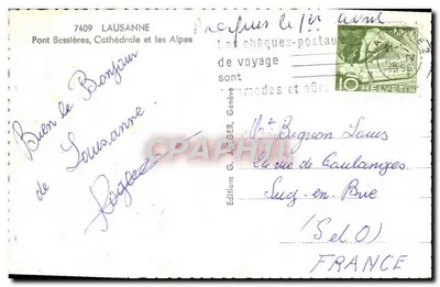 Lausanne — Ponte Bessières, Catedral e as Alpes — Éditions G. JUGGER, Genebra, n° 7409 — Verso