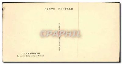 Rocamadour — vista do rochedo visto da estrada de Cahors — Arts Graphiques Toulouse — Verso