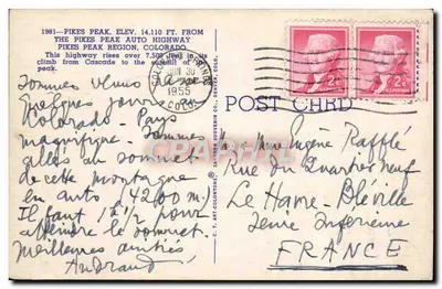 Pikes Peak — Rota panorâmica — C.T. Art Souvenir Co. — Verso