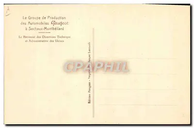 Fábricas Peugeot em Sochaux-Montbéliard — Edifício das Direções Técnicas e Administrativas — Edição Peugeot, Impressora Berger Levrault — Verso