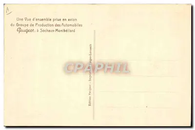 Productiegroep van de Peugeot-auto's in Sochaux-Montbéliard — luchtfoto — Uitgave Peugeot, Drukkerij Berger-Levrault — Achterkant