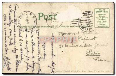 New Custom House, Nova York — Success Postal Card Co. Pub. Nova York, N° 1078 — Verso