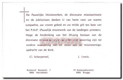Três padres — Jubileu dos missionários — Cl. Scherpereel, J. Lowie, Bruges — Verso