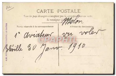 Erster Flieger gesehen zu fliegen — Oéville, 30. Januar 1910 — A.M. NOË, Fotograf, Le Havre — Rückseite