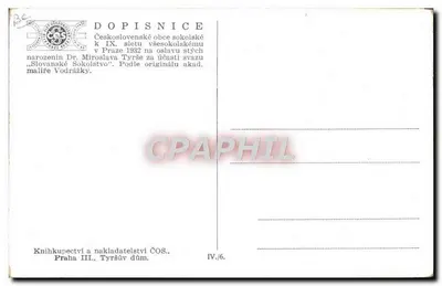 Slet všesokolský w Pradze 1932 — Na uroczystość 100. rocznicy urodzin Dr. Miroslava Tyrše — Sklep książkowy i wydawnictwo ČOS, Praga III, Dom Tyrše — Rewers