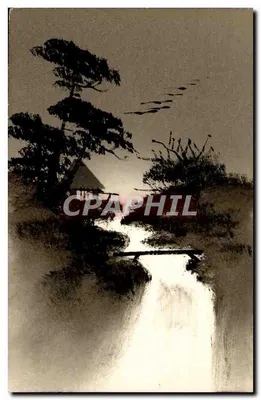 Paisagem com pinheiro e cachoeira — editor desconhecido, número de série não visível