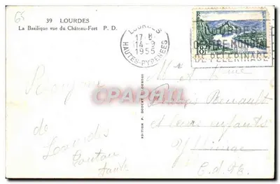 Lourdes — Bazylika widziana z Zamku-Fortu — Wydanie P. Doucet Lourdes nr 39 — Rewers