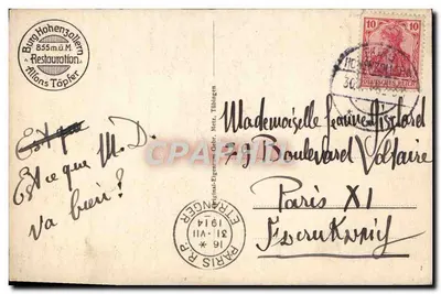 Stara pocztówka Burg Hohenzollern um Adlertor — Rewers