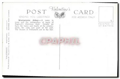 Torri occidentali, Abbazia di Westminster, Londra — Cartolina Valesque, n° H.6047 — Verso
