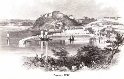 Torquay 1842 — vista do porto e do castelo — editor T.B.C. (verso)