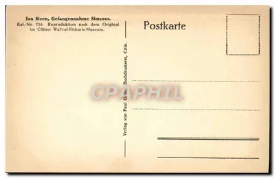Jan Steen, Ujęcie Simsona w niewoli — Reprodukcja z muzeum Walrathz, Kolonia — wydawca Paul Gräby — Rewers