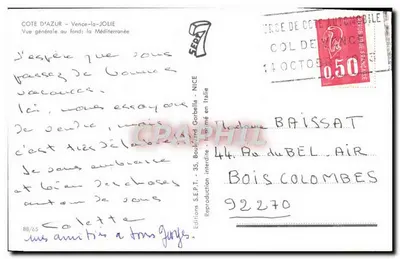 General View of the French Riviera — Vence-la-Jolie — S.E.P.T. Editions No. 88/65 — Back