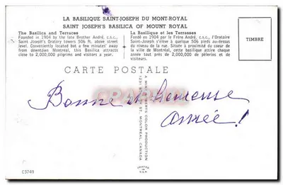 Bazylika Świętego Józefa na Mont-Royal — Mont-Royal, Montreal — Kartka pocztowa C3749, wydana przez 1231 Bute St. Montreal, Kanada — Rewers
