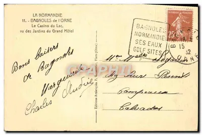 Bagnolles-de-l'Orne — Le Casino du Lac, vu des Jardins du Grand Hôtel — Éditions Artitiques P. Leriauteur — Verso