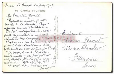 Cannes - La Croisette — widok z lotu ptaka — Les Éditions Mar 4. BART. de Cimiez — nr 318 — Rewers