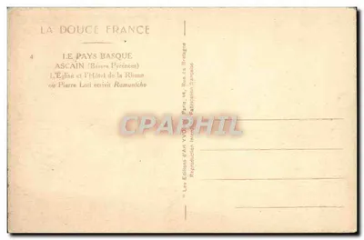 Ascain (Basses Pyrénées) — Katedra i Hotel Rhune, gdzie Pierre Loli napisał Ramunicho — Les Éditions d'Art Yvoll — Rewers