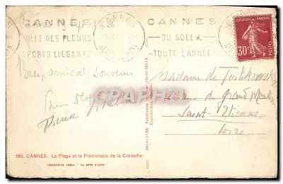 Stara pocztówka Cannes La Plage Et La Promenade De La Croisette — Rewers