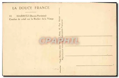 Biarritz (Basses-Pyrénées) — zachód słońca na Rocher de la Vierge — Les Éditions d'Art Yvonne, Paryż — Rewers